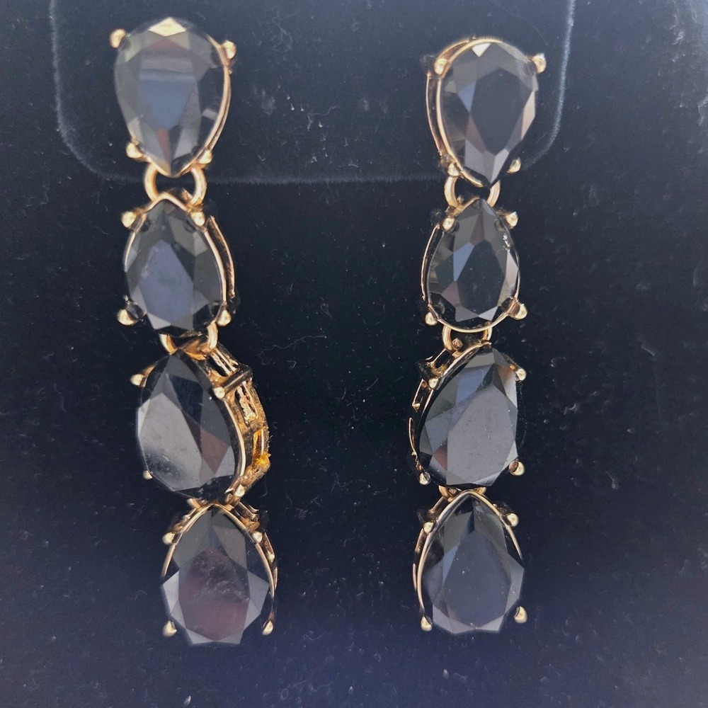 Black Tiered Pear Cut Drop Earrings Gold Tone Statement Dangle 3 Inch
